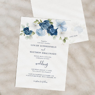 Convites Dusty Blue Marinho Script Floral Casamento