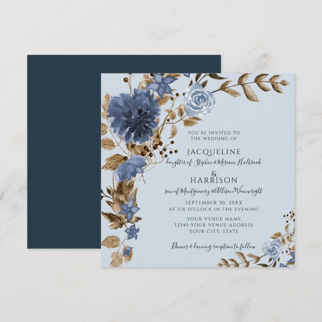 Convites Dusty Blue Marinho Terra Floral Casamento Verde (Frente/Verso)