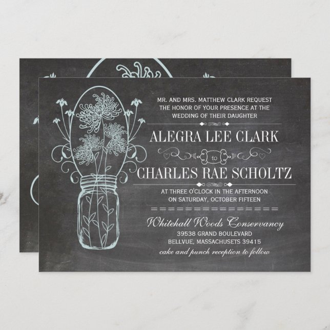 Convites Dusty Blue Mason Jar Chalkboard Casamento (Frente/Verso)