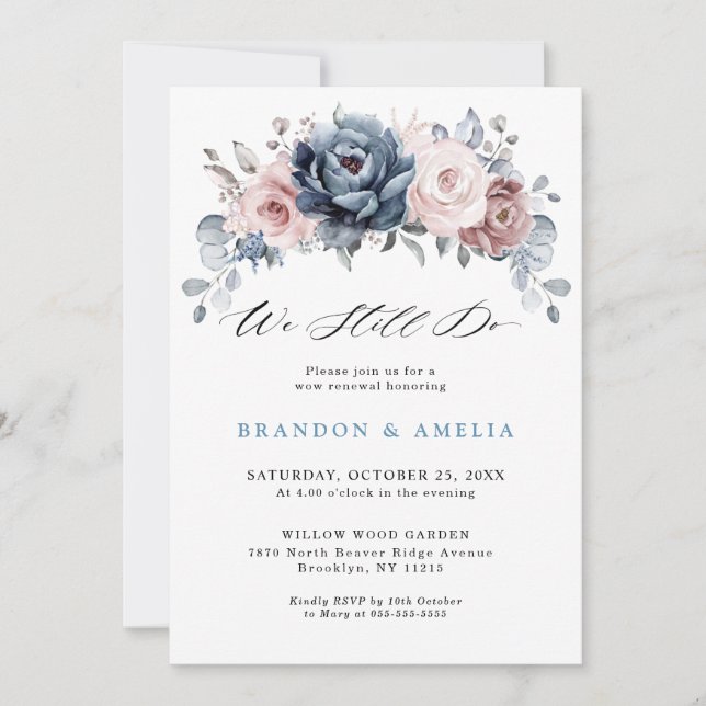 Convites Dusty Blue Mauve Rosa rosa Flora Flatada (Frente)