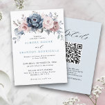 Convites Dusty Blue Mauve Rosa rosa Slate Floral Casamento<br><div class="desc">O convite para o casamento floral, elegante e moderno, com o código QR RSVP no verso apresenta um buquê de coloração aquosa de coloração em tons de ardósia, azul empoeirado, rosa poeirento, rosa empoeirado, mauve, sábio com folhas botânicas verdes e eucalipto. Por favor, encontre mais designs e variações na minha...</div>