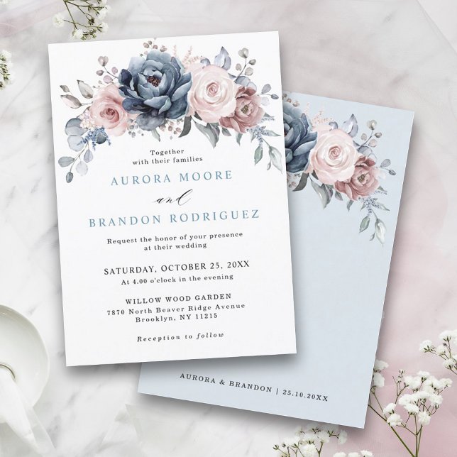 Convites Dusty Blue Mauve Rosa rosa Slate Floral Casamento (Dusty blue mauve rose pink slate floral wedding invitation)