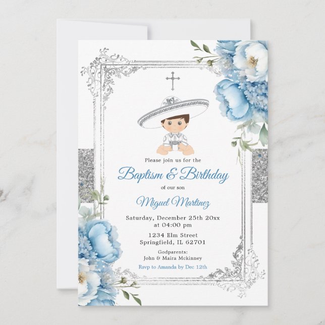 Convites Dusty Blue Mexicano Boy Baptism & Birthday Silver (Frente)
