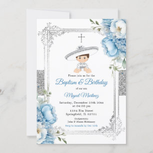 Convites Dusty Blue Mexicano Boy Baptism & Birthday Silver