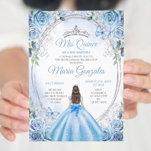 Convites Dusty Blue Mis Quince Silver Floral Quinceñera