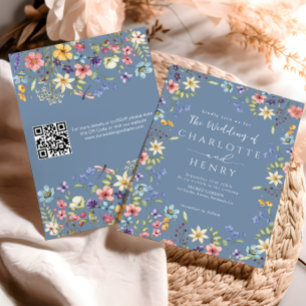 Convites Dusty Blue Modern Código QR Casamento de flor selv