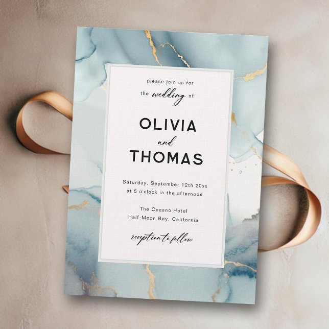 Convites Dusty Blue Modern Frame Elegante Chic Beach Casame (dusty blue wedding invitation beach waves gold modern elegant bohemian romantic chic calligraphy)