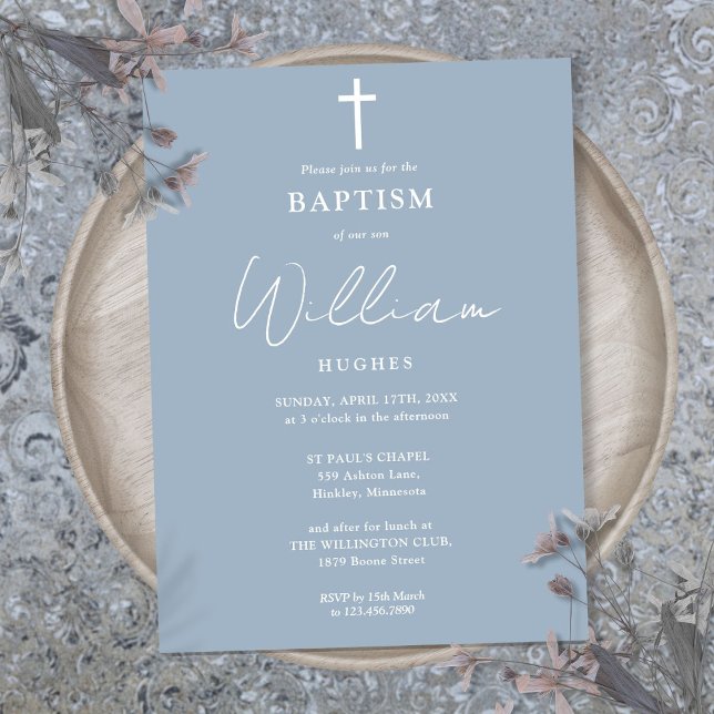 Convites Dusty Blue Modern Minimalista Batismo Christening (Dusty Blue Modern Minimalist Baptism Christening Invitation)