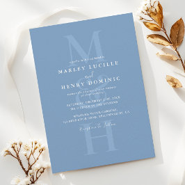 Convites Dusty Blue Modern Monogram Overlay Wedding
