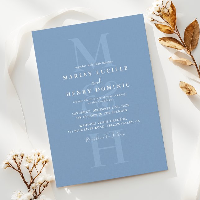 Convites Dusty Blue Modern Monogram Overlay Wedding (Criador carregado)