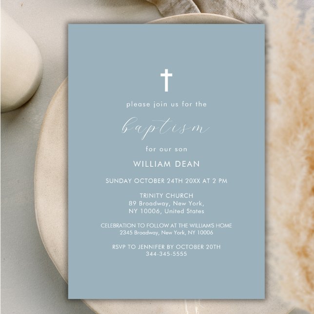 Convites Dusty Blue Modern Script Boho Dourado Baptismo (Dusty Blue Modern Script Boho Gold Cross Baptism Invitation)