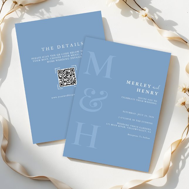 Convites Dusty Blue Monogram QR Code All In One Wedding (Criador carregado)
