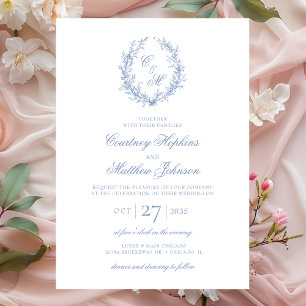 Convites Dusty Blue Monograma Botanical Wreath Casamento