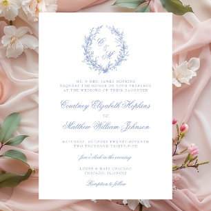 Convites Dusty Blue Monograma Botanical Wreath Casamento