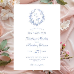 Convites Dusty Blue Monograma Botanical Wreath Casamento