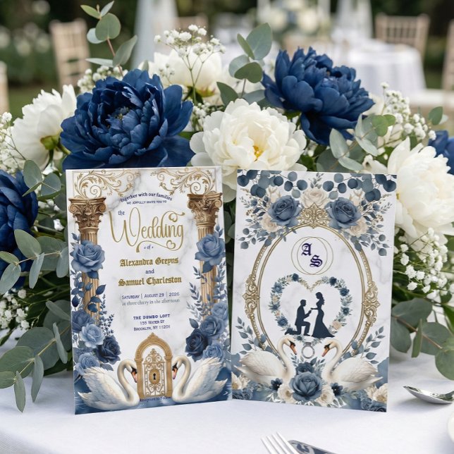 Convites Dusty Blue & Navy Botanical Garden Wedding (Criador carregado)
