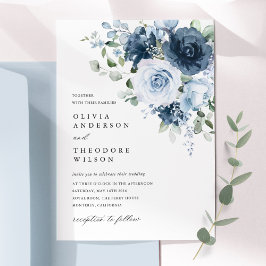 Convites Dusty Blue Navy Watercolor Floral Elegant Wedding