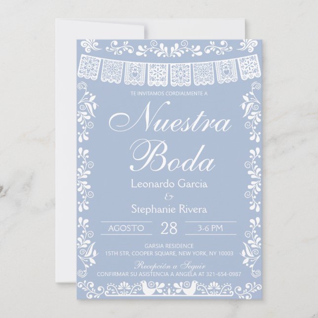 Convites Dusty Blue Nuestra Boda Papel Picado Wedding (Frente)