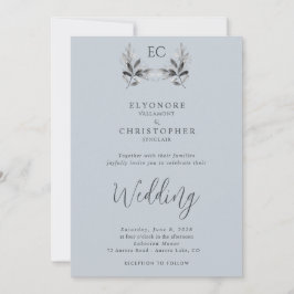 Convites Dusty Blue Olive Branch Monogram Photo Wedding 