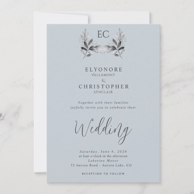 Convites Dusty Blue Olive Branch Monogram Photo Wedding  (Frente)