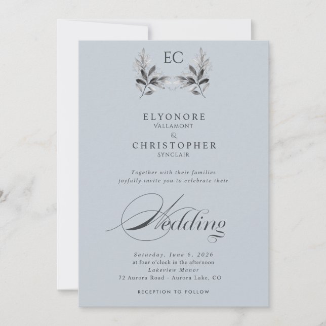 Convites Dusty Blue Olive Branch Monogram Photo Wedding  (Frente)