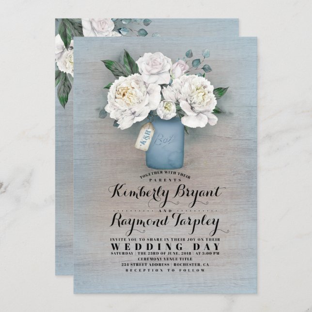 Convites Dusty Blue Painted Mason Jar Rustic Casamento Flor (Frente/Verso)