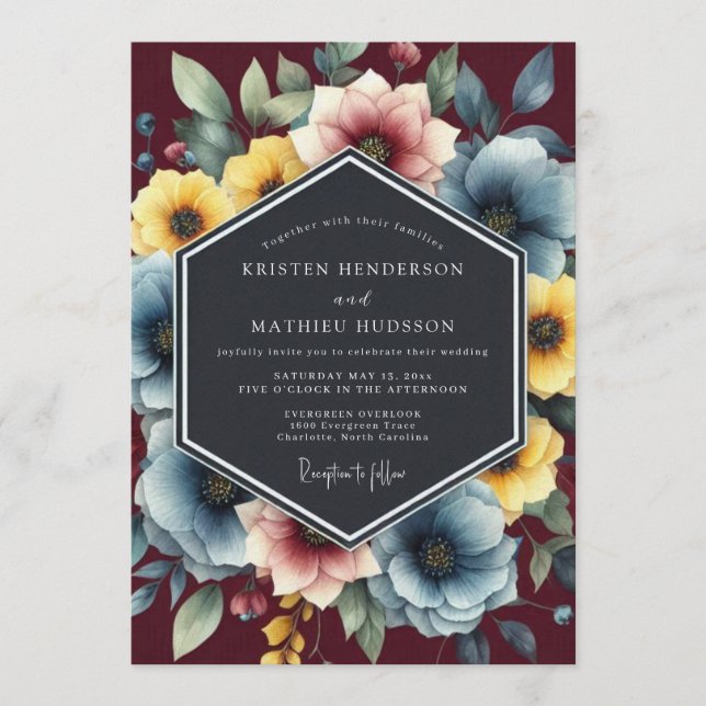 Convites Dusty Blue Painterly Bloom Wedding (Frente)