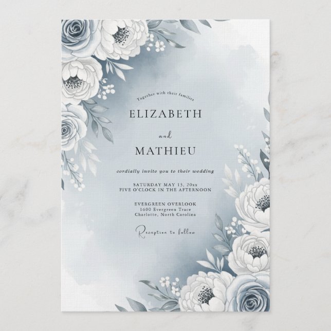 Convites Dusty Blue Painterly Flora Wedding (Frente)