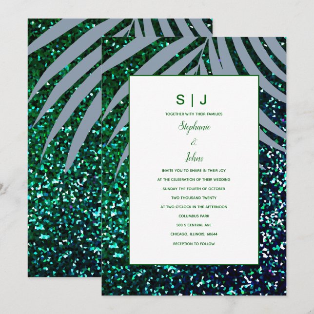 Convites Dusty Blue Palm Leaf Emerald Green Glitter Casamen (Frente/Verso)