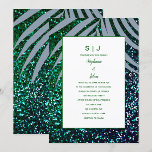 Convites Dusty Blue Palm Leaf Emerald Green Glitter Casamen