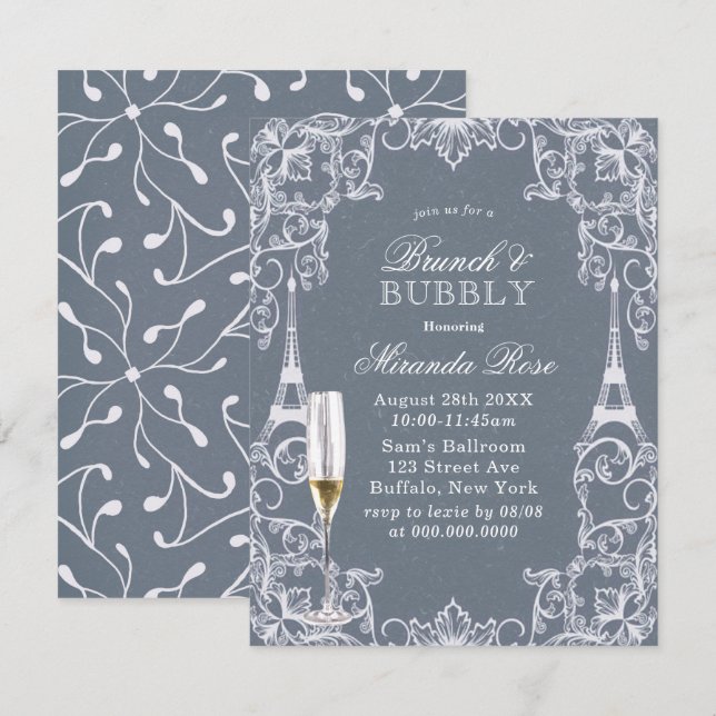 Convites Dusty Blue Paris França Brunch e Bolha (Frente/Verso)