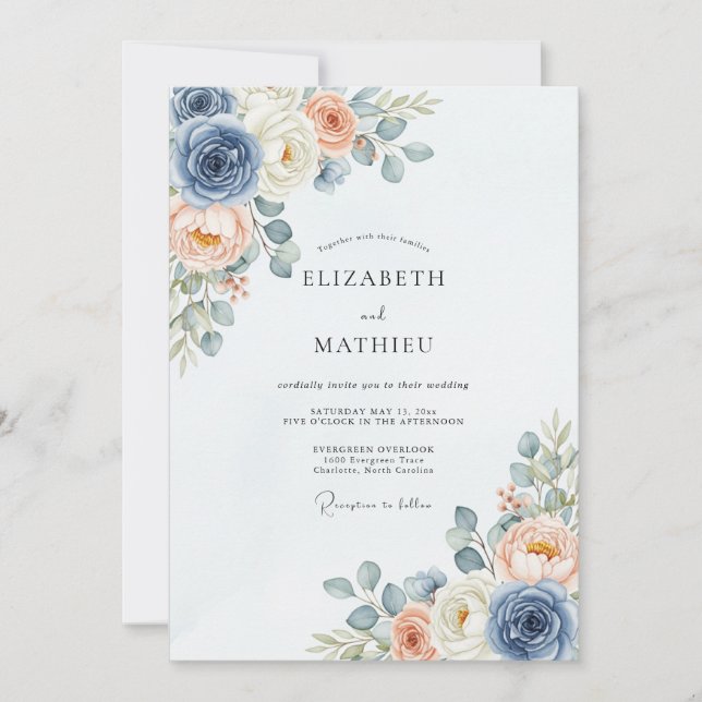 Convites Dusty Blue Peach Delicate Spring Wedding (Frente)