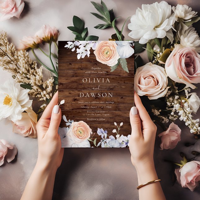 Convites Dusty Blue & Peach Rustic Wood Casamento (Criador carregado)