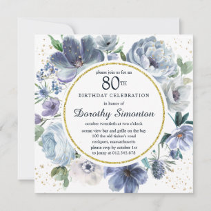 Convites Dusty Blue Peony 80 Floral Festa de aniversário