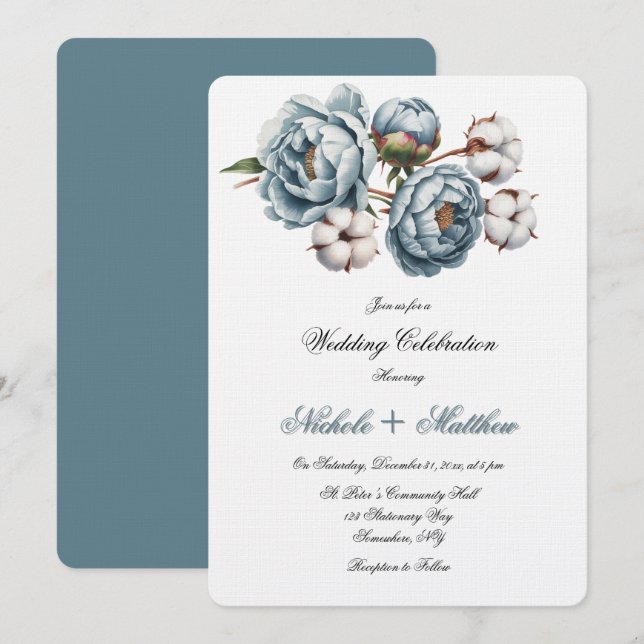 Convites Dusty Blue Peony and Cotton Wedding Celebration (Frente/Verso)