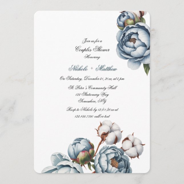 Convites Dusty Blue Peony and Cotton Wedding Shower (Frente)