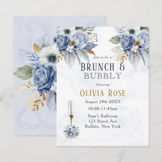Convites Dusty Blue Peony Chic Brunch e Bubbles Invitat (Frente/Verso)
