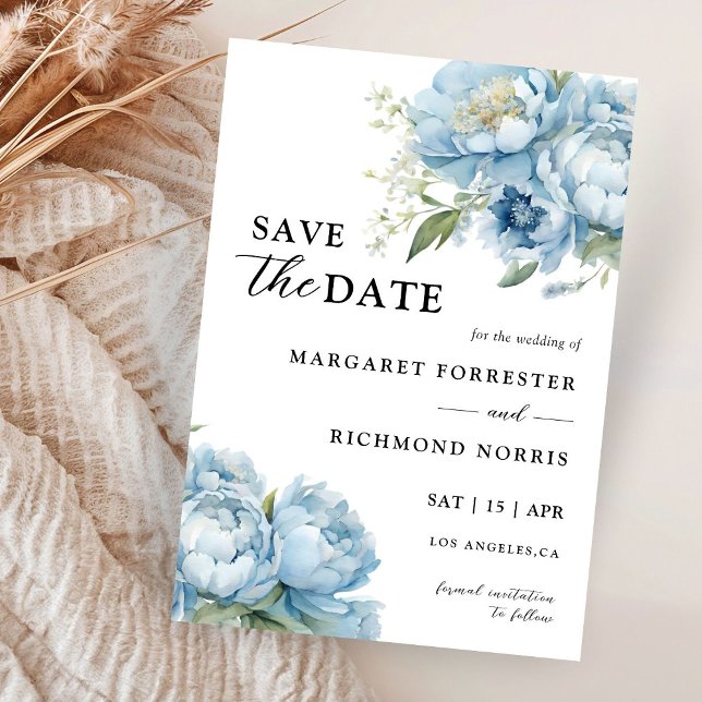 Convites Dusty Blue Peony Elegant Casamento Salve A Data (Criador carregado)