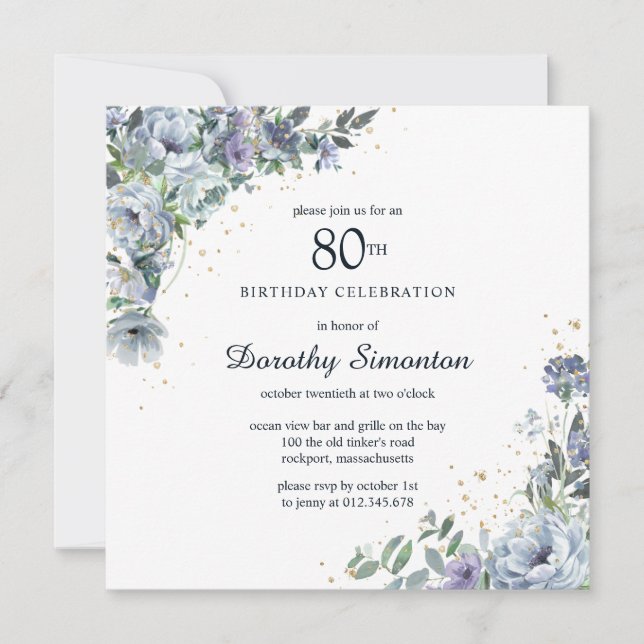 Convites Dusty Blue Peony Floral 80 Birthday (Frente)
