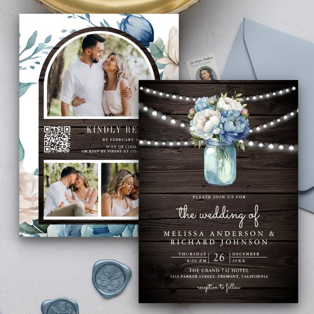 Convites Dusty Blue Peony Mason Jar Código QR Casamento de  (Criador carregado)