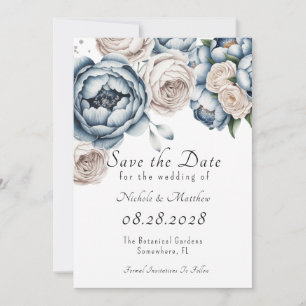 Convites Dusty Blue Peony Rosa e Glitter Salvar a Data