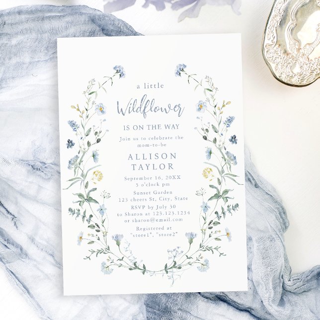 Convites Dusty Blue Pequeno Chá de fraldas de flor selvagem (Dusty Blue Little Wildflower Boho Baby Shower Invitation)