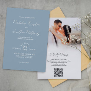 Convites Dusty Blue Photo Budget Casamento QR Code Rsvp