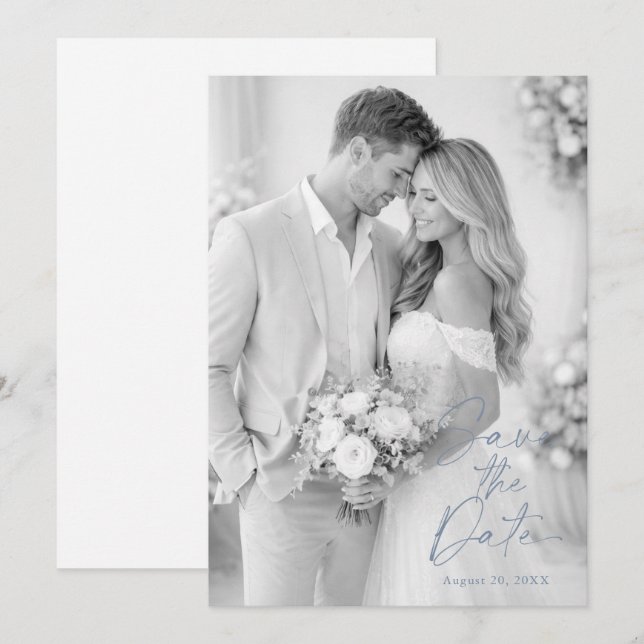 Convites Dusty Blue Photo Save the Date (Frente/Verso)
