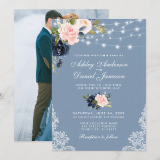 Convites Dusty Blue Pink Floral Luzes Florais Lace Foto Cas