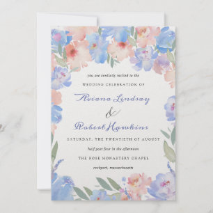 Convites Dusty Blue Pink Watercolor Casamento Floral Inv