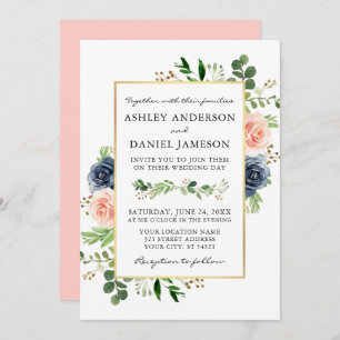 Convites Dusty Blue Pink Watercolor Rosas Greenery Casament