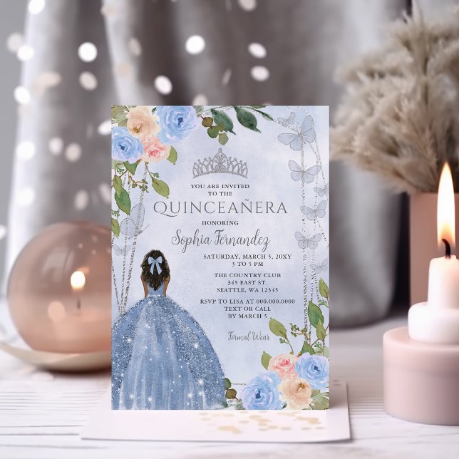 Convites Dusty Blue Prata Floral Princesa Quinceañera  (Dusty Blue Silver Floral Princess Quinceañera Invitation)