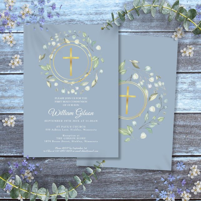 Convites Dusty Blue Primeiro Sagrado Comunhão Verde Dourado (Dusty Blue First Holy Communion Greenery Gold Invitation)