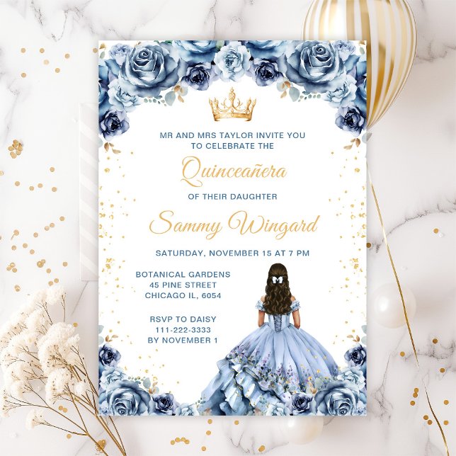Convites Dusty Blue Princesa Floral Quinceañera (Criador carregado)